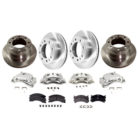4-Wheel Set Front and Rear Brake Kit With Calipers, Plain Surface 8 Lugs Front-324.61 mm/Rear-344.93 mm Front-Ceramic/Rear-Semi-Metallic, Includes (4) Caliper, (4) Disc and (2) Pad Set
