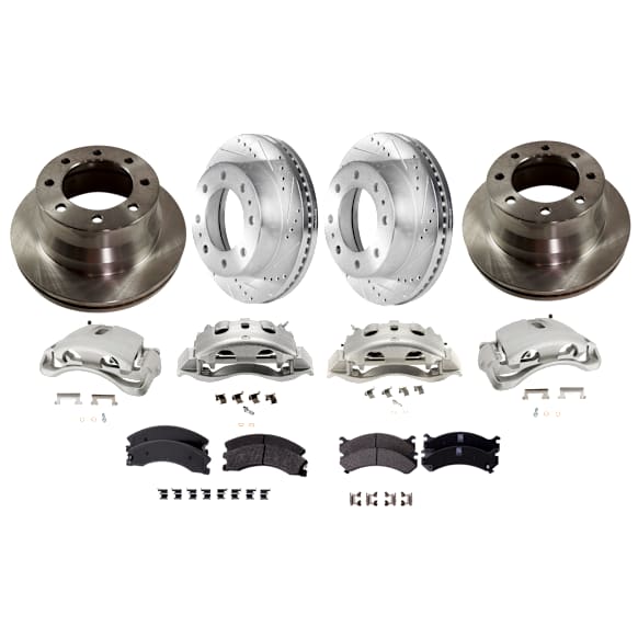 4-Wheel Set Front and Rear Brake Kit With Calipers, Front-Cross-drilled and Slotted/Rear-Plain Surface, 8 Lugs, Front-Ceramic/Rear-Semi-Metallic, Includes (4) Caliper, (4) Disc, and (2) Pad Set