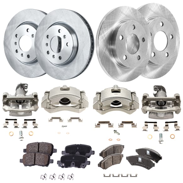 4-Wheel Set Front and Rear Brake Kit With Calipers, Plain Surface, 5 Lugs, Ceramic Pad Material