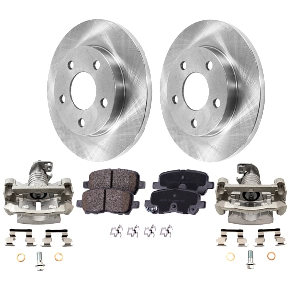 2-Wheel Set Rear Brake Kit With Calipers, Plain Surface 5 Lugs 270 mm Ceramic FWD, Includes (2) Brake Caliper, (2) Brake Disc and (1) Brake Pad Set