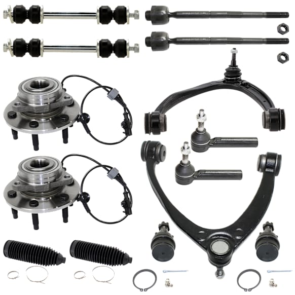 14-Piece Kit Suspension Kit, Includes (2) Control Arm, (2) Ball Joint, (2) Sway Bar Link, (4) Tie Rod End, (2) Steering Rack Boot and (2) Wheel Hub