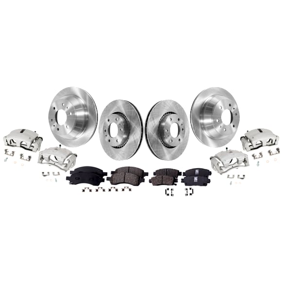 4-Wheel Set Front and Rear Brake Kit With Calipers, Plain Surface 6 Lugs Front and Rear-325.12 mm Front-Ceramic/Rear-Semi-Metallic, Includes (4) Brake Caliper, (4) Brake Disc and (2) Brake Pad Set