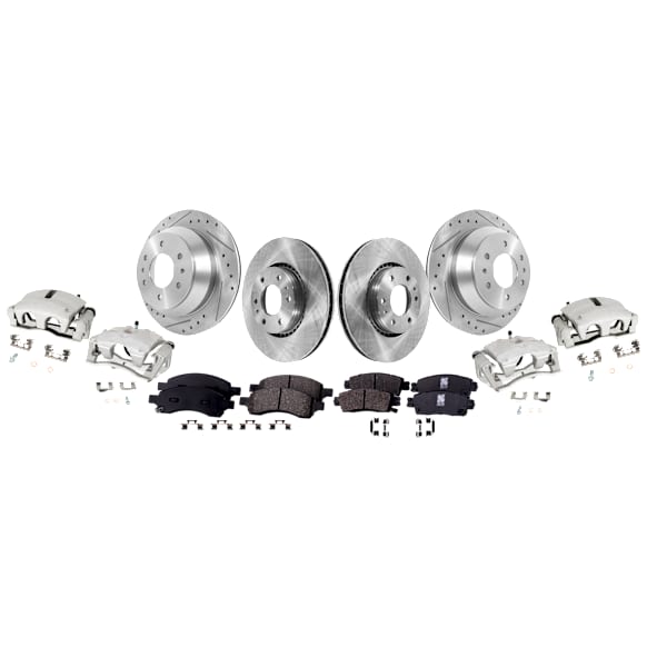 4-Wheel Set Front and Rear Brake Kit With Calipers, Front-Plain Surface/Rear-Cross-drilled and Slotted, 6 Lugs, 325.12 mm, Includes (4) Caliper, (4) Disc and (2) Pad Set