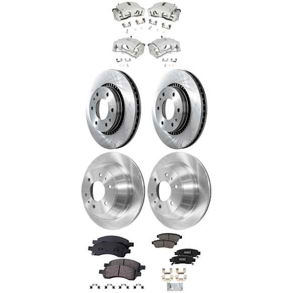 4-Wheel Set Front and Rear Brake Kit With Calipers, Plain Surface 6 Lugs Front-302.01 mm/Rear-325.12 mm Front-Ceramic/Rear-Semi-Metallic, Includes (4) Caliper, (4) Disc and (2) Pad Set