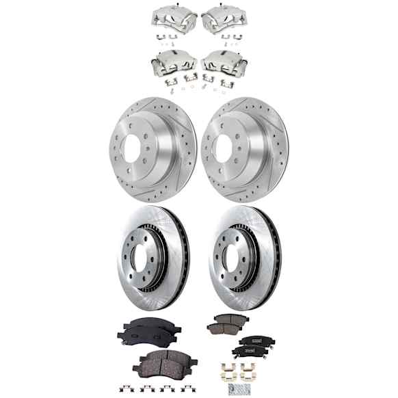4-Wheel Set Front and Rear Brake Kit With Calipers, Front-Plain Surface/Rear-Cross-drilled and Slotted 6 Lugs, Front-Ceramic/Rear-Semi-Metallic Includes (4) Caliper, (4) Disc and (2) Pad Set