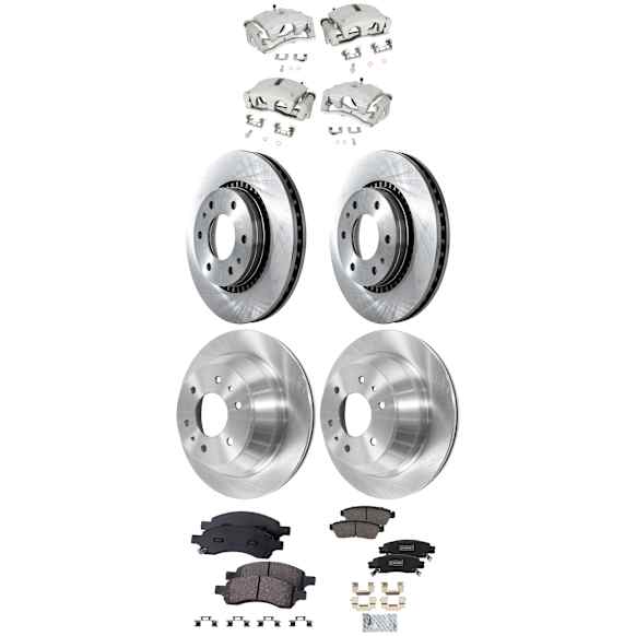 4-Wheel Set Front and Rear Brake Kit With Calipers, Plain Surface 6 Lugs Front-302.01 mm/Rear-325.12 mm Front-Ceramic/Rear-Semi-Metallic, Includes (4) Caliper, (4) Disc and (2) Pad Set