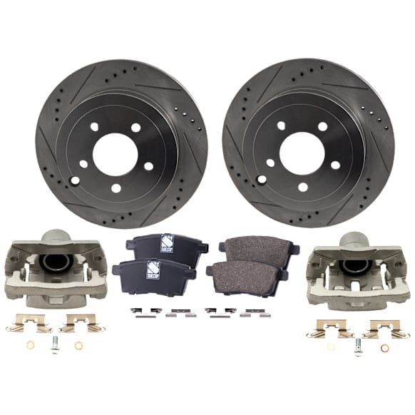 2-Wheel Set Rear Brake Kit With Calipers, Cross-drilled and Slotted 5 Lugs 302.01 mm Ceramic, Includes (2) Brake Caliper, (2) Brake Disc and (1) Brake Pad Set
