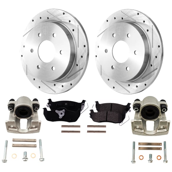 2-Wheel Set Rear Brake Kit With Calipers, Cross-drilled and Slotted 6 Lugs 320.04 mm Semi-metallic, Includes (2) Brake Caliper, (2) Brake Disc and (1) Brake Pad Set