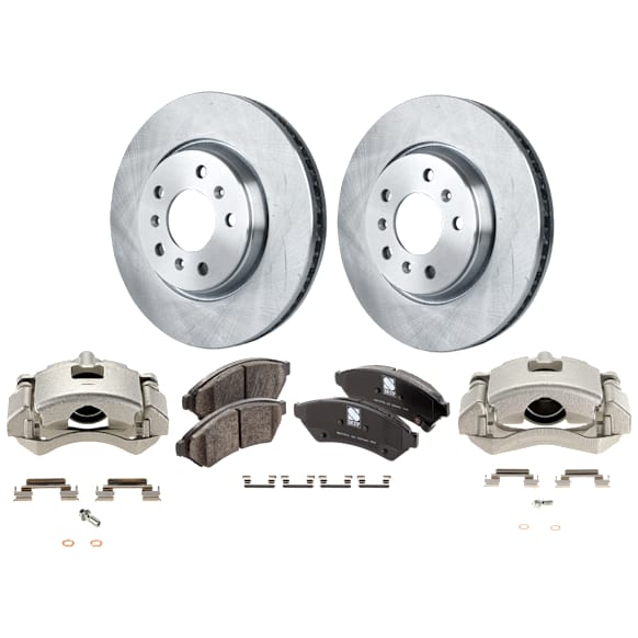 2-Wheel Set Front Brake Kit With Calipers, Plain Surface 5 Lugs 296.93 mm Ceramic FWD, Includes (2) Brake Caliper, (2) Brake Disc and (1) Brake Pad Set
