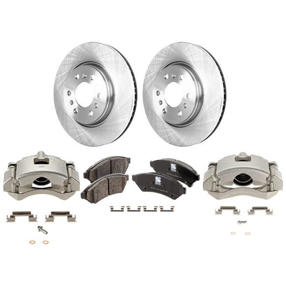 2-Wheel Set Front Brake Kit With Calipers, Plain Surface 6 Lugs 296.93 mm Ceramic FWD, Includes (2) Brake Caliper, (2) Brake Disc and (1) Brake Pad Set
