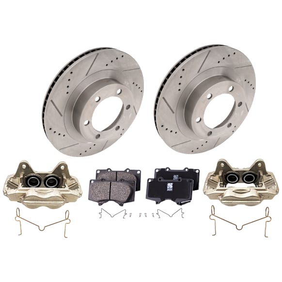 2-Wheel Set Front Brake Kit With Calipers, Cross-drilled and Slotted 6 Lugs 338.07 mm Ceramic, Includes (2) Brake Caliper, (2) Brake Disc and (1) Brake Pad Set