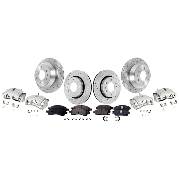 4-Wheel Set Front and Rear Brake Kit With Calipers, Cross-drilled and Slotted 6 Lugs Front-301.8 mm/Rear-325.12 mm Front-Ceramic/Rear-Semi-Metallic, Includes (4) Caliper, (2) Pad Set and (4) Disc