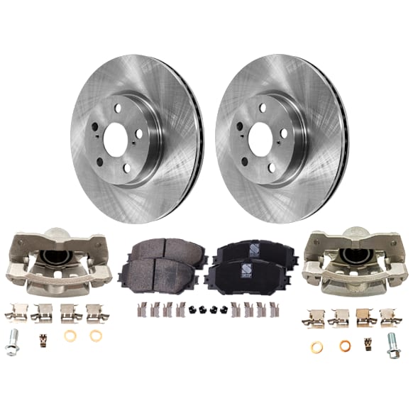2-Wheel Set Front Brake Kit With Calipers, Plain Surface 5 Lugs 275.08 mm Ceramic FWD, Includes (2) Brake Caliper, (2) Brake Disc and (1) Brake Pad Set