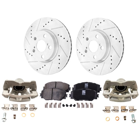 2-Wheel Set Front Brake Kit With Calipers, Cross-drilled and Slotted 5 Lugs 275 mm Ceramic FWD, Includes (2) Brake Caliper, (2) Brake Disc and (1) Brake Pad Set