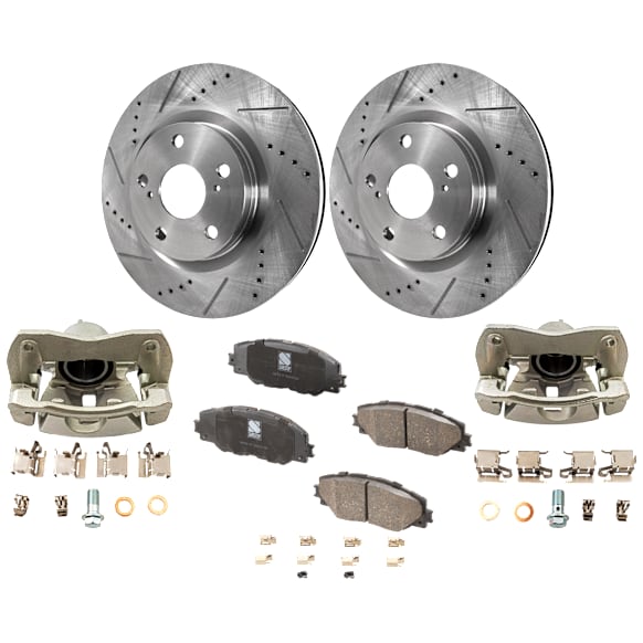 2-Wheel Set Front Brake Kit With Calipers, Cross-drilled and Slotted 5 Lugs 296 mm Ceramic, Includes (2) Brake Caliper, (1) Brake Pad Set and (2) Brake Disc