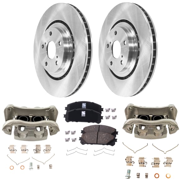 2-Wheel Set Front Brake Kit With Calipers, Plain Surface 5 Lugs 327.91 mm Ceramic, Includes (2) Brake Caliper, (1) Brake Pad Set and (2) Brake Disc