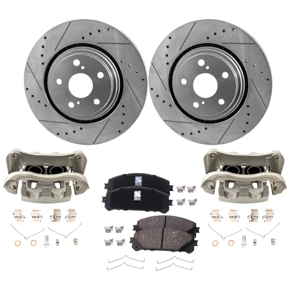 2-Wheel Set Front Brake Kit With Calipers, Cross-drilled and Slotted 5 Lugs 327.91 mm Ceramic, Includes (2) Brake Caliper, (1) Brake Pad Set and (2) Brake Disc