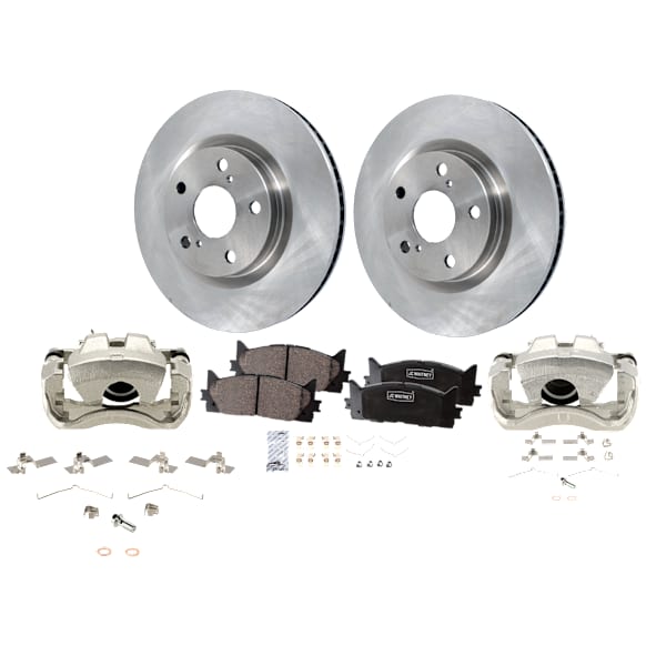 2-Wheel Set Front Brake Kit With Calipers, Plain Surface 5 Lugs 295.91 mm Ceramic FWD, Includes (2) Caliper, (2) Disc, and (1) Pad Set