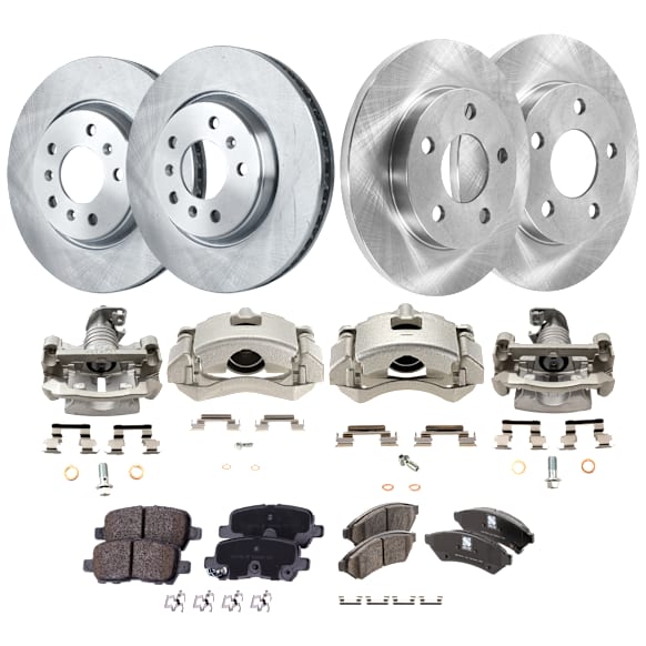 4-Wheel Set Brake Kit With Calipers, Plain Surface 5 Lugs Front-296.93 mm/Rear-270 mm Ceramic FWD, Includes (4) Brake Caliper, (4) Brake Disc, and (1) Brake Pad Set