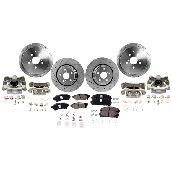 4-Wheel Set Front and Rear Brake Kit With Calipers, Cross-drilled and Slotted 5 Lugs Front-327.91 mm/Rear-309 mm Ceramic, Includes (4) Brake Caliper, (4) Brake Disc and (2) Brake Pad Set