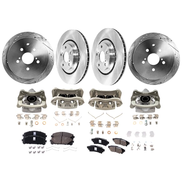 4-Wheel Set Front and Rear Brake Kit With Calipers, Front-Plain Surface/Rear-Cross-drilled and Slotted 5 Lugs Front-327.91 mm/Rear-309 mm Ceramic, Includes (4) Caliper, (4) Disc and (2) Pad Set