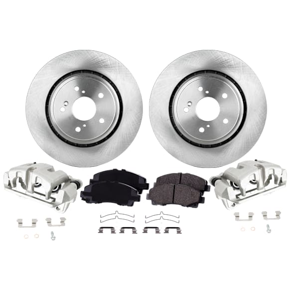 2-Wheel Set Front Brake Kit With Calipers, Plain Surface 5 Lugs 320 mm Organic, Includes (2) Caliper, (2) Disc, and (1) Pad Set
