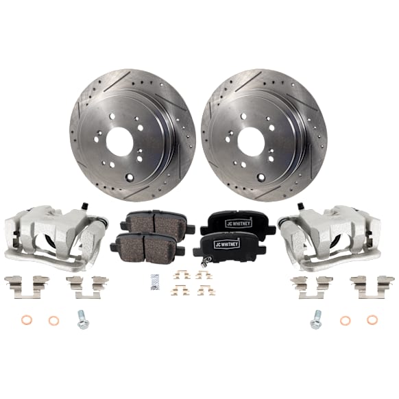 2-Wheel Set Rear Brake Kit With Calipers, Cross-drilled and Slotted 5 Lugs 312.93 mm Ceramic, Includes (2) Brake Caliper, (2) Brake Disc, and (1) Brake Pad Set