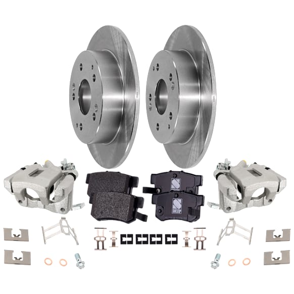 2-Wheel Set Rear Brake Kit With Calipers, Plain Surface 5 Lugs 259.59 mm Ceramic FWD, Includes (2) Brake Caliper, (2) Brake Disc and (1) Brake Pad Set