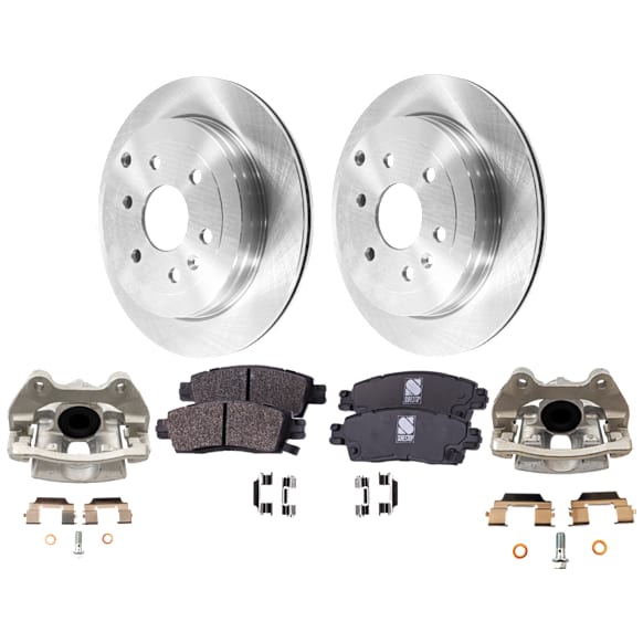 2-Wheel Set Rear Brake Kit With Calipers, Plain Surface 6 Lugs 330.96 mm Semi-metallic, Includes (2) Brake Caliper, (1) Brake Pad Set and (2) Brake Disc