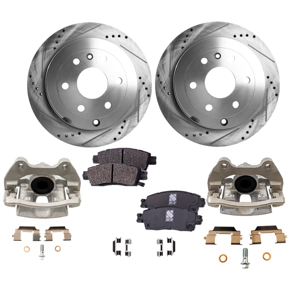 2-Wheel Set Rear Brake Kit With Calipers, Cross-drilled and Slotted 6 Lugs 330.96 mm Semi-metallic, Includes (2) Brake Caliper, (2) Brake Disc and (1) Brake Pad Set