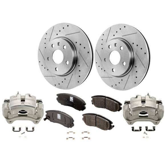 2-Wheel Set Front Brake Kit With Calipers, Cross-drilled and Slotted 5 Lugs 321 mm Ceramic, Includes (2) Brake Caliper, (2) Brake Disc and (1) Brake Pad Set