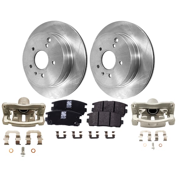 2-Wheel Set Rear Brake Kit With Calipers, Plain Surface 5 Lugs 303.02 mm Ceramic, Includes (2) Brake Caliper, (2) Brake Disc and (1) Brake Pad Set