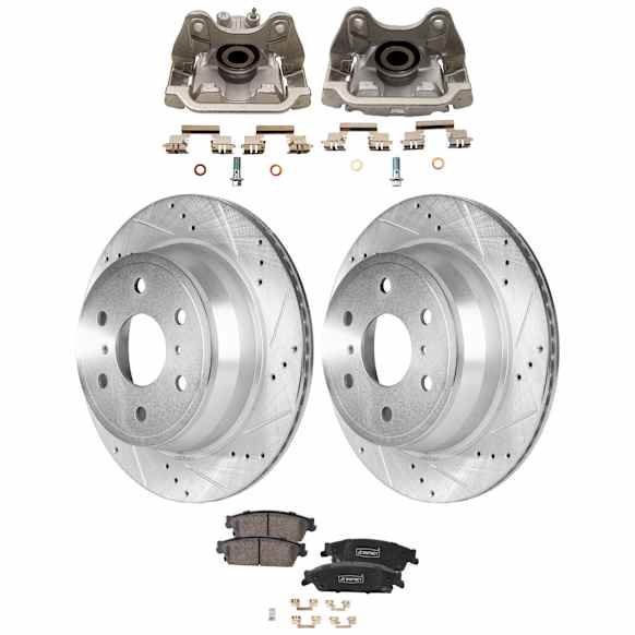2-Wheel Set Rear Brake Kit With Calipers, Cross-drilled and Slotted 6 Lugs 344.93 mm Ceramic, Includes (2) Brake Caliper, (1) Brake Pad Set and (2) Brake Disc
