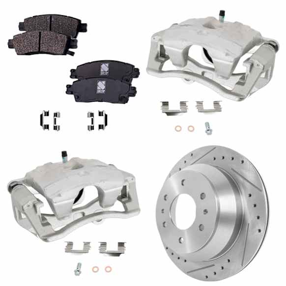 2-Wheel Set Rear Brake Kit With Calipers, Cross-drilled and Slotted 6 Lugs 325.12 mm Semi-metallic, Includes (2) Brake Caliper, (1) Brake Pad Set and (2) Brake Disc