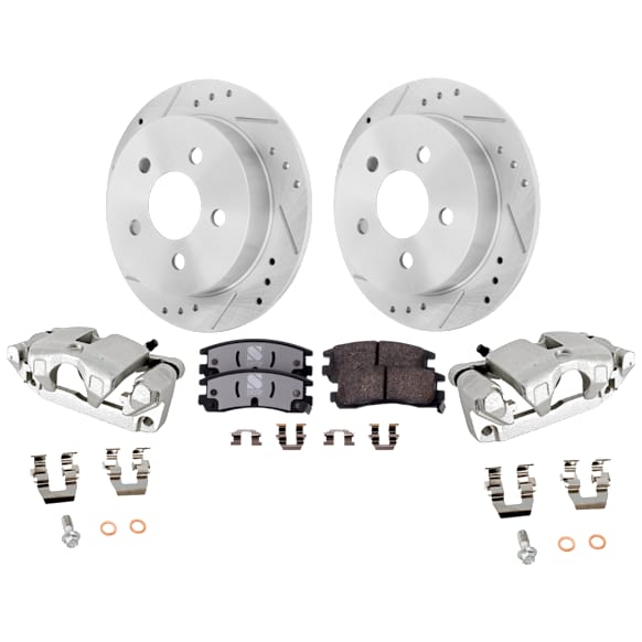 2-Wheel Set Rear Brake Kit With Calipers, Cross-drilled and Slotted 5 Lugs 278 mm Ceramic FWD, Includes (2) Caliper, (2) Disc, and (1) Pad Set