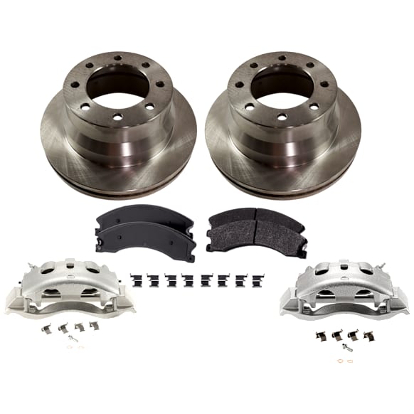 2-Wheel Set Rear Brake Kit With Calipers, Plain Surface 8 Lugs 344.93 mm Semi-metallic, Includes (2) Brake Caliper, (2) Brake Disc and (1) Brake Pad Set