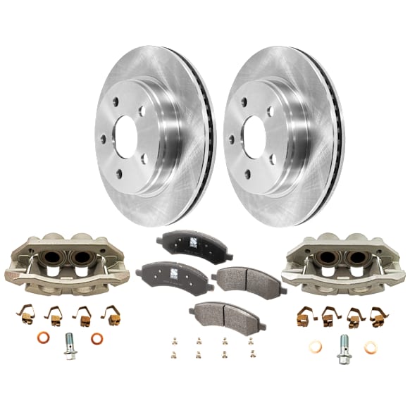 2-Wheel Set Front Brake Kit With Calipers, Plain Surface 5 Lugs 336.04 mm Semi-metallic, Includes (2) Brake Caliper, (1) Brake Pad Set and (2) Brake Disc