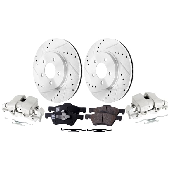 2-Wheel Set Front Brake Kit With Calipers, Cross-drilled and Slotted 5 Lugs 302.9 mm Ceramic, Includes (2) Brake Caliper, (2) Brake Disc and (1) Brake Pad Set