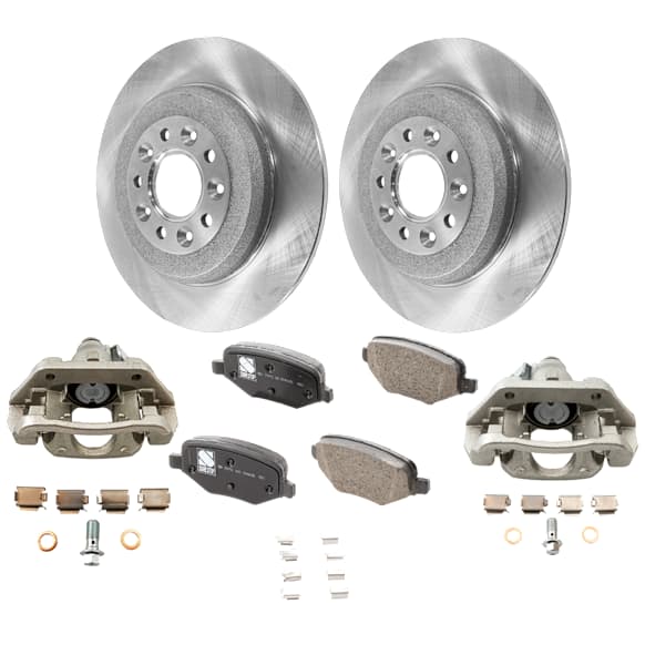 2-Wheel Set Rear Brake Kit With Calipers, Plain Surface 5 Lugs 329.95 mm Ceramic, Includes (2) Brake Caliper, (1) Brake Pad Set and (2) Brake Disc