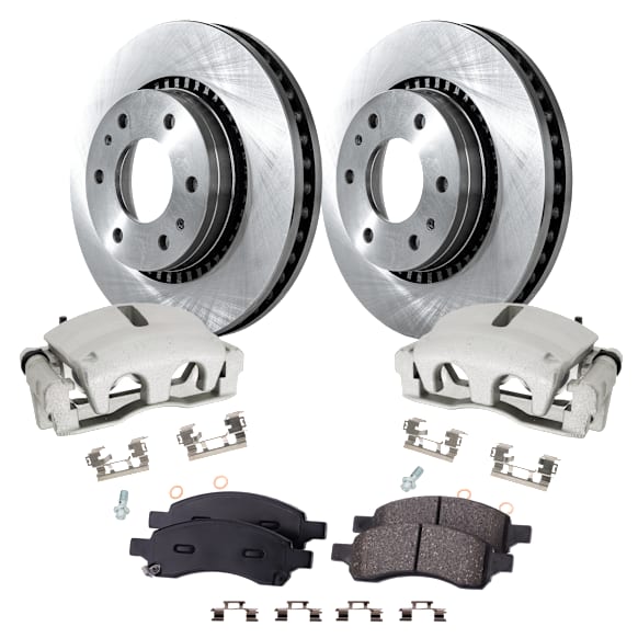 2-Wheel Set Front Brake Kit With Calipers, Plain Surface 6 Lugs 302.01 mm Ceramic, Includes (2) Brake Caliper, (2) Brake Disc and (1) Brake Pad Set