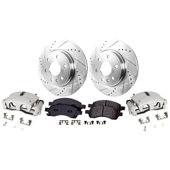 2-Wheel Set Front Brake Kit With Calipers, Cross-drilled and Slotted 6 Lugs 325 mm Ceramic, Includes (2) Brake Caliper, (2) Brake Disc and (1) Brake Pad Set