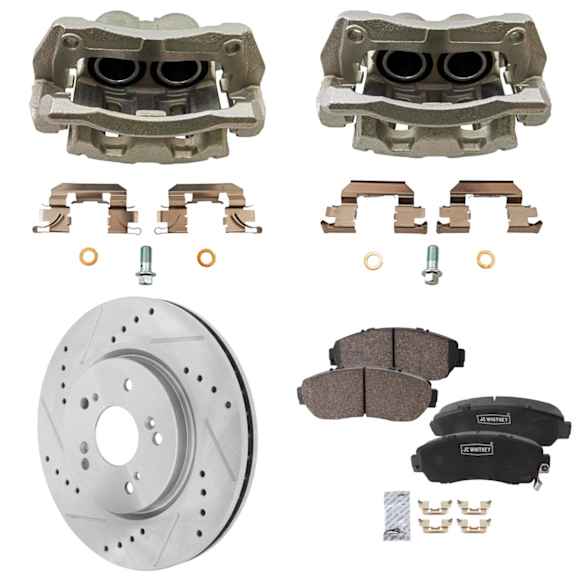 2-Wheel Set Front Brake Kit With Calipers, Cross-drilled and Slotted 5 Lugs 296 mm Ceramic, Includes (2) Caliper, (2) Disc, and (1) Pad Set