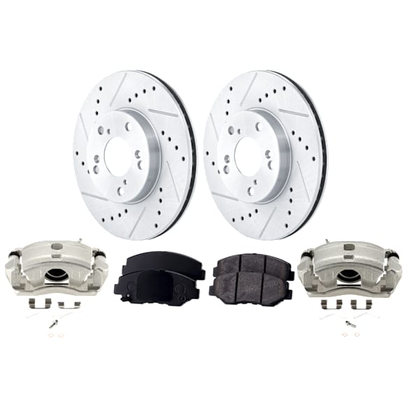 2-Wheel Set Front Brake Kit With Calipers, Cross-drilled and Slotted 5 Lugs Ceramic FWD, Includes (2) Caliper, (2) Disc, and (1) Pad Set