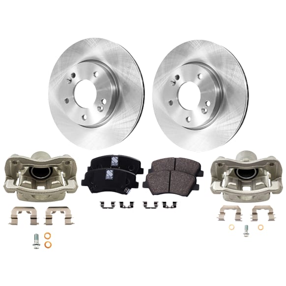2-Wheel Set Front Brake Kit With Calipers, Plain Surface 5 Lugs 279.91 mm Ceramic FWD, Includes (2) Brake Caliper, (2) Brake Disc and (1) Brake Pad Set