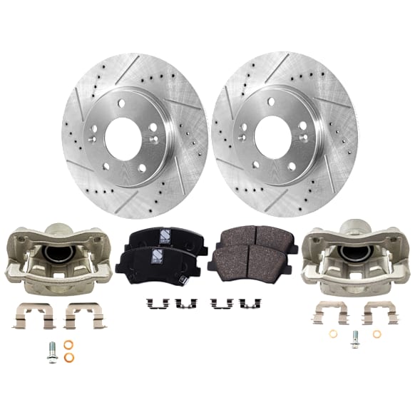 2-Wheel Set Front Brake Kit With Calipers, Cross-drilled and Slotted 5 Lugs 280 mm Ceramic FWD, Includes (2) Brake Caliper, (2) Brake Disc and (1) Brake Pad Set