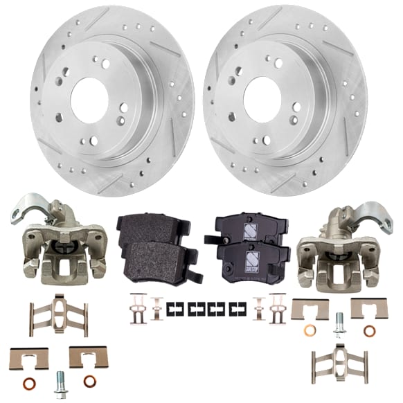 2-Wheel Set Rear Brake Kit With Calipers, Cross-drilled and Slotted 5 Lugs 281.69 mm Ceramic FWD, Includes (2) Brake Caliper, (1) Brake Pad Set and (2) Brake Disc