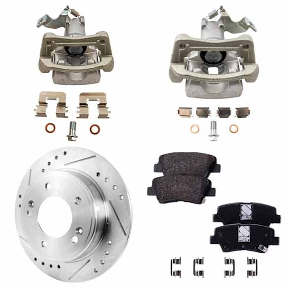 2-Wheel Set Rear Brake Kit With Calipers, Cross-drilled and Slotted 5 Lugs 262 mm Organic FWD, Includes (2) Brake Caliper, (2) Brake Disc and (1) Brake Pad Set