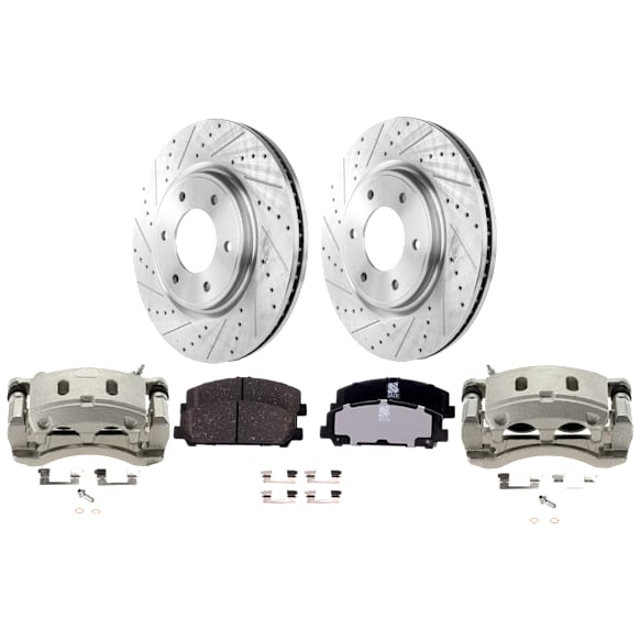 2-Wheel Set Front Brake Kit With Calipers, Cross-drilled and Slotted 6 Lugs 350.01 mm Ceramic, Includes (2) Brake Caliper, (2) Brake Disc and (1) Brake Pad Set
