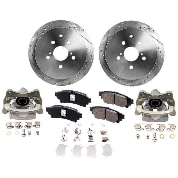 2-Wheel Set Rear Brake Kit With Calipers, Cross-drilled and Slotted 5 Lugs 309 mm Ceramic, Includes (2) Brake Caliper, (2) Brake Disc and (1) Brake Pad Set