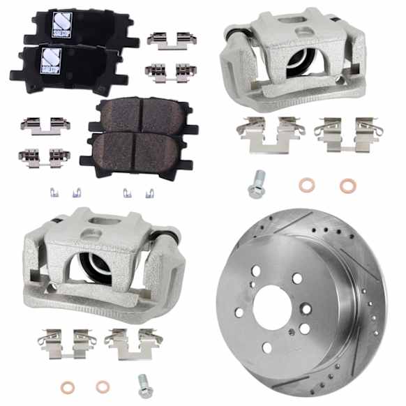 2-Wheel Set Rear Brake Kit With Calipers, Cross-drilled and Slotted 5 Lugs 288.04 mm Ceramic, Includes (2) Brake Caliper, (1) Brake Pad Set and (2) Brake Disc